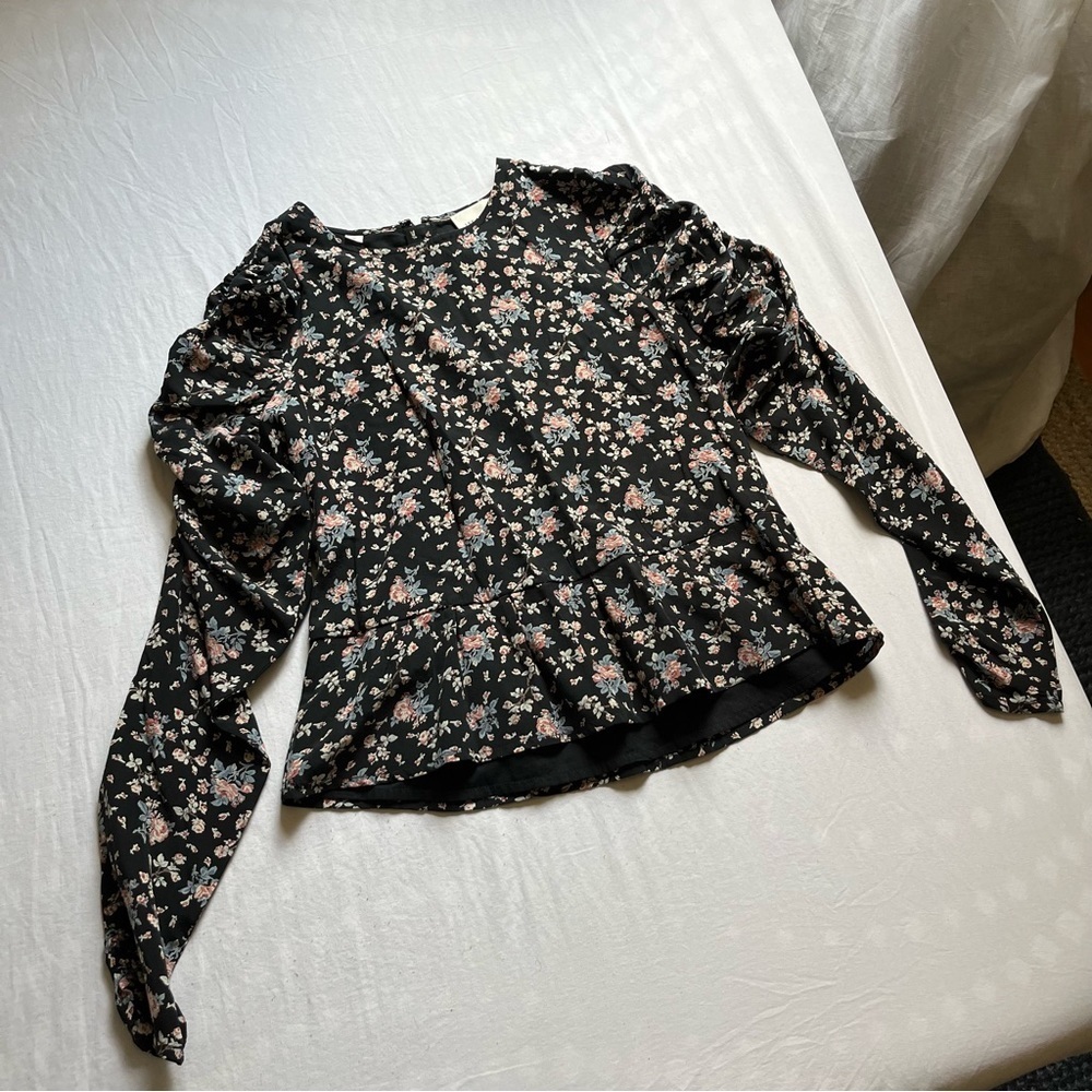 LES COYOTES DE PARIS black floral silk puff ruched‎ long sleeve blouse